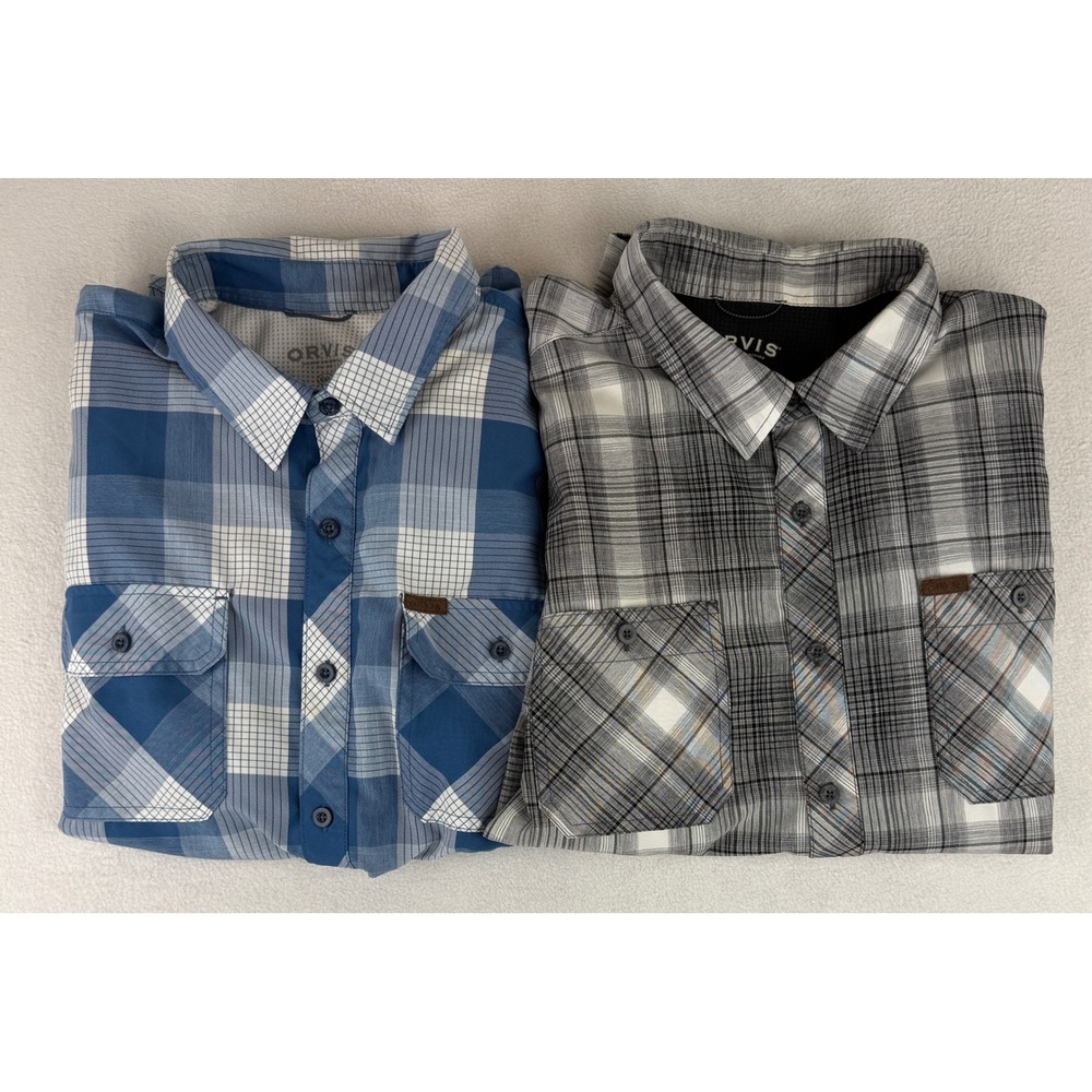 Orvis Plaid Button Down Shirts Mens XXL Blue Grey 2 Pack Short Sleeve Outdoor